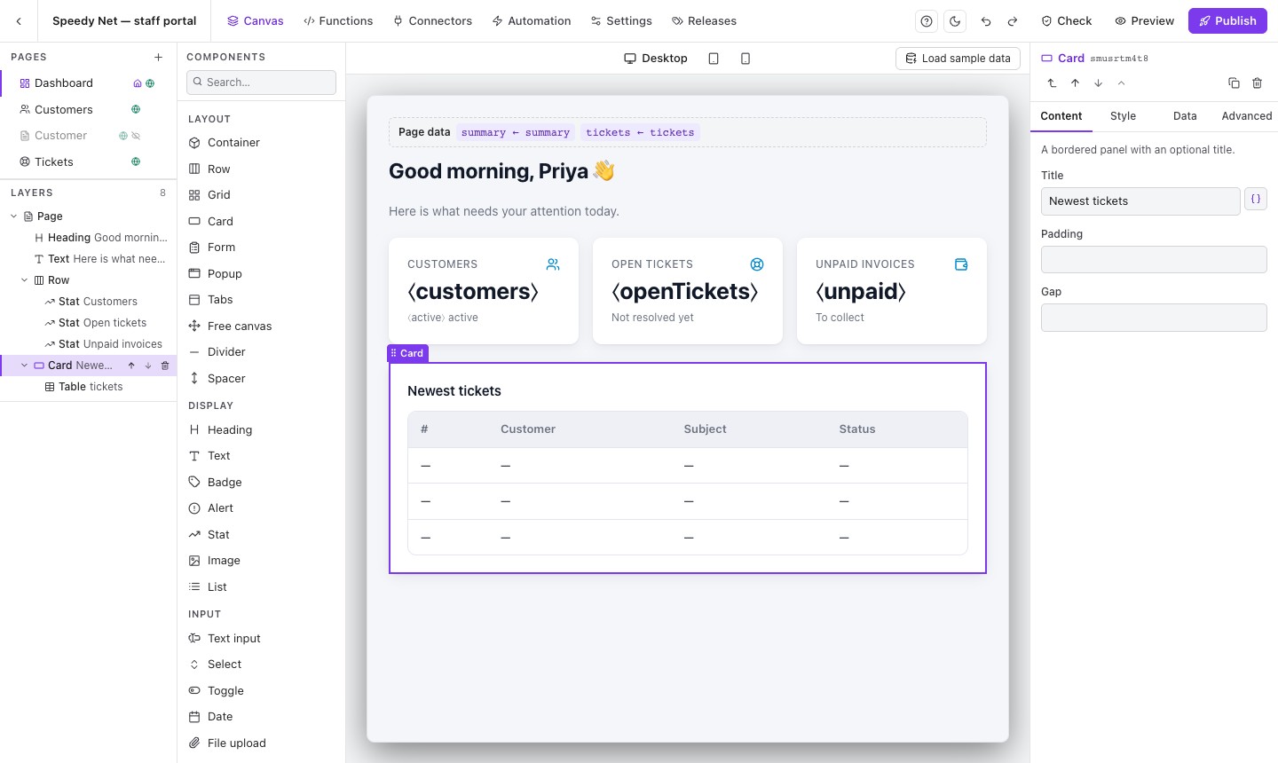 The VedaUI builder: pages, layers, components, the page as your users see it, and the properties of the selected card